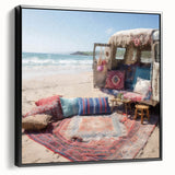 Black and white vintage poster art of a caravan on framed canvas, ideal for bedroom wall decor.