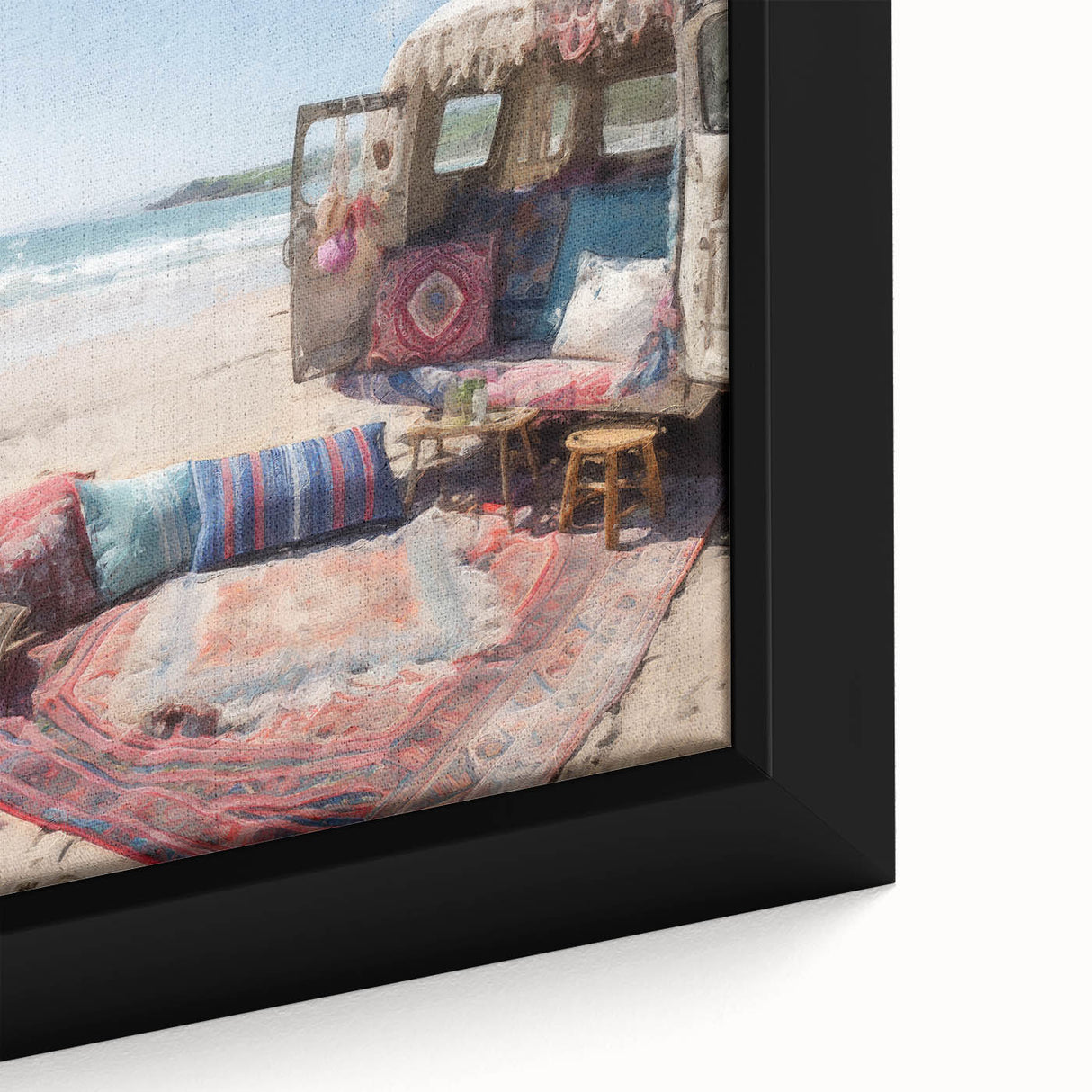 Extra large black wall art on framed canvas featuring a colorful, textured caravan design, ideal for living room decor.