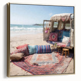 Framed canvas featuring a vintage caravan in a landscape, executed in black and silver tones, suitable for bedroom decor.
