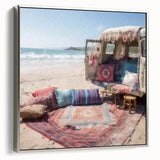 Framed canvas featuring a vintage caravan in a landscape setting, rendered in black with colorful accents.