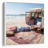 Vintage poster art of a colorful caravan on a framed canvas, ideal for extra large living room wall art.