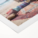 Art deco poster featuring a vintage caravan in muted earth tones on a rolled canvas, suitable for dining room decor.