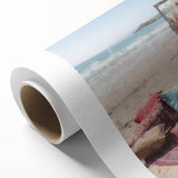 Art deco style caravan illustration in pastel blue and pink on rolled canvas, ideal for nursery wall art.