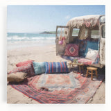 Black and white large art print of a caravan on stretched canvas, ideal for kitchen wall art.