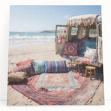 Black and white stretched canvas featuring a vintage caravan, suitable as large kitchen wall art or for bedroom decor.