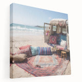 Side view of a colorful caravan on stretched canvas, ideal for kitchen wall art.