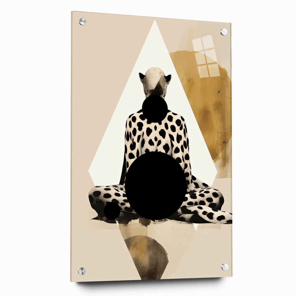 Abstract minimalist wall art displayed from the side, showcasing an acrylic glass frame with visible pins, set against a neutral background, ideal for modern decor.