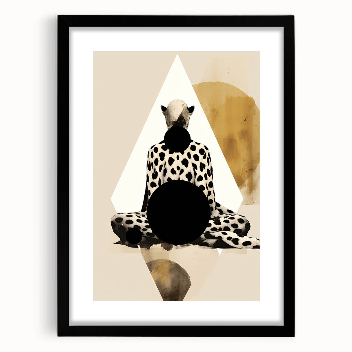 Abstract minimalist wall art framed in black with a mat, showcasing geometric shapes in muted tones, perfect for modern home decor aesthetics.