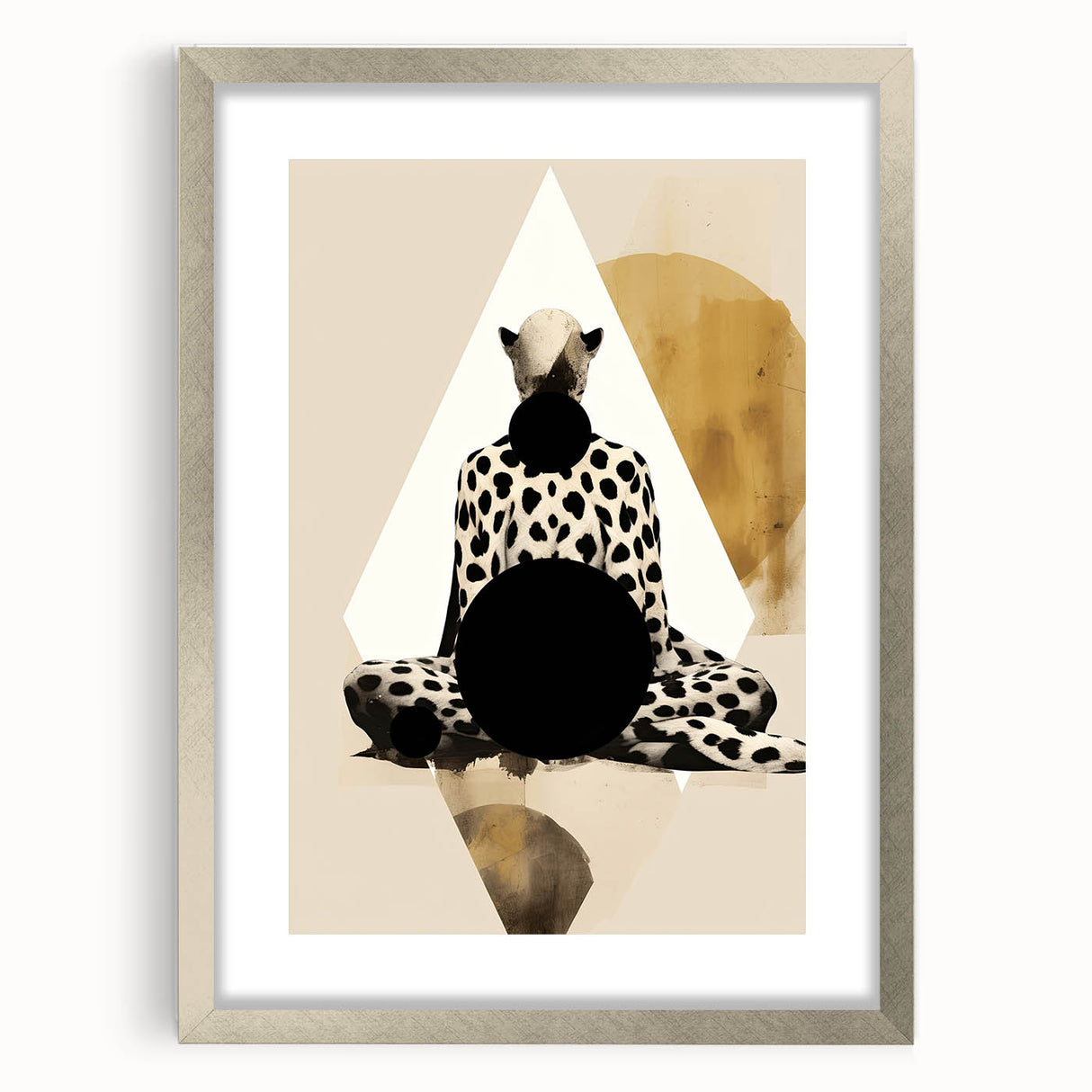 Abstract minimalist wall art framed in silver, showcasing a modern design with a mat. Ideal for contemporary decor, it adds elegance to any space.