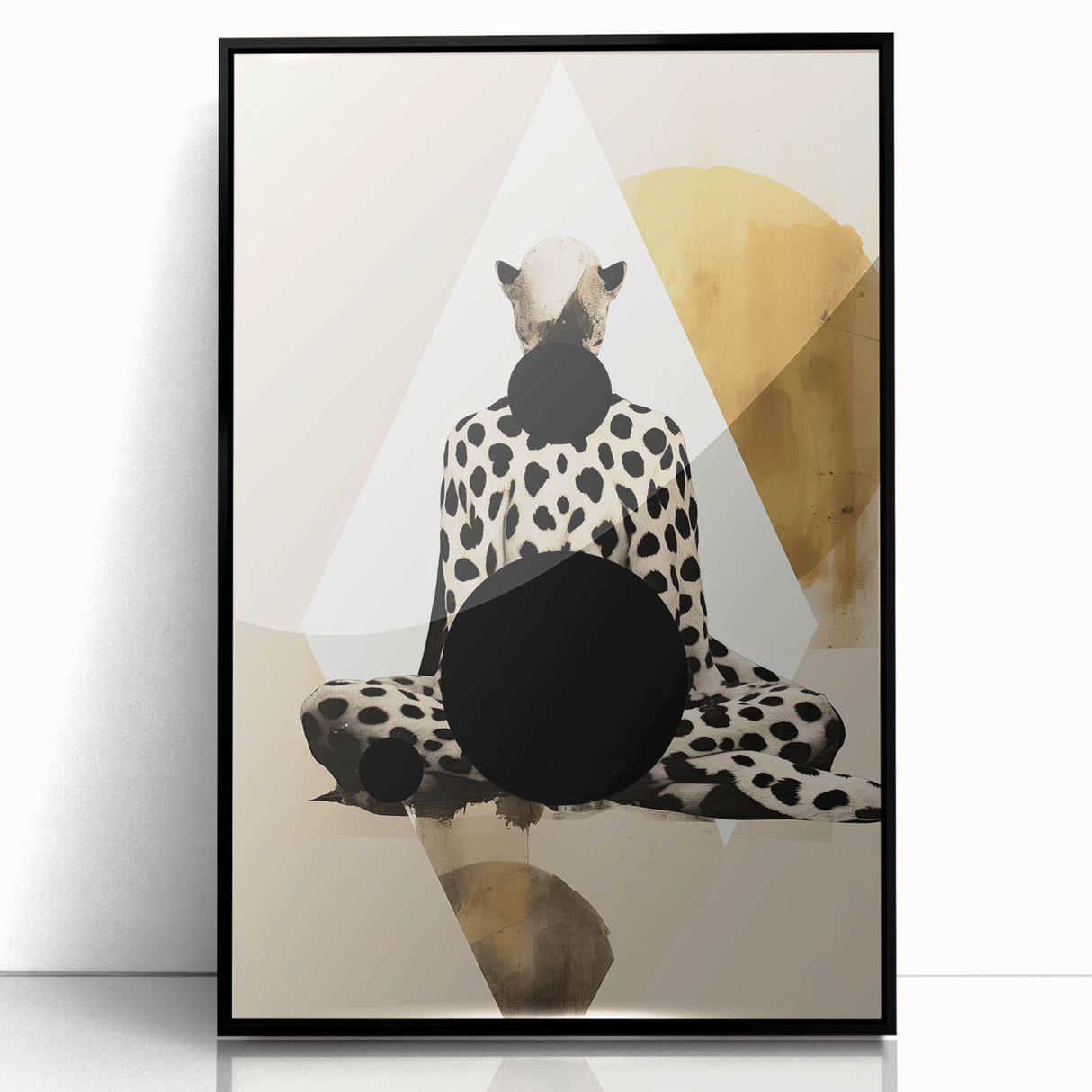 Abstract minimalist wall art framed in black acrylic, showcasing a modern design with geometric shapes and muted colors, perfect for contemporary home decor.