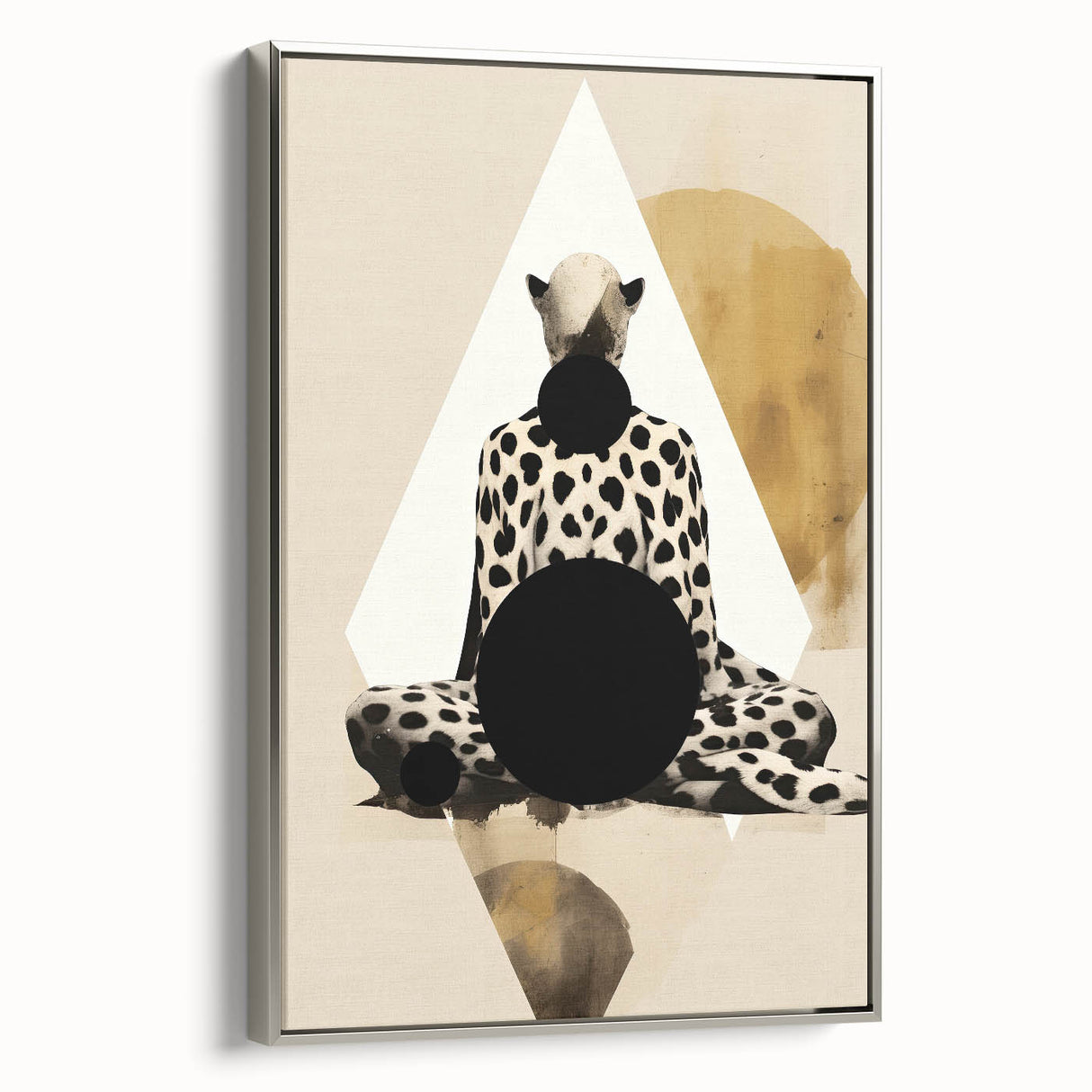 Abstract minimalist wall art print in a sleek silver frame, showcasing geometric shapes and soft color gradients, perfect for modern home decor.