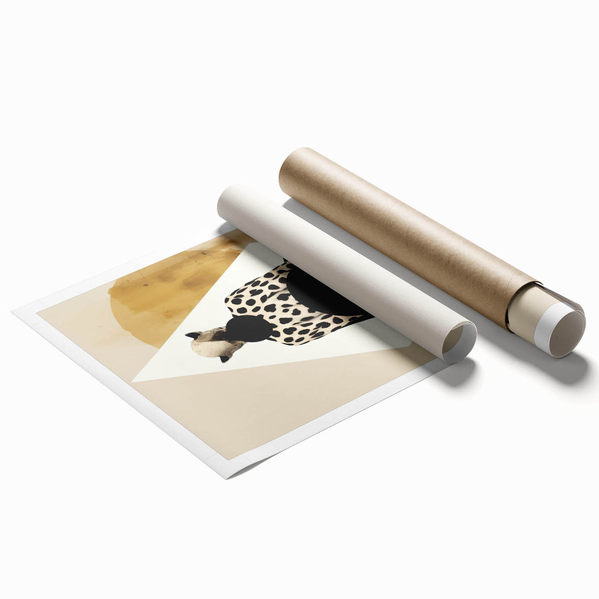 Abstract minimalist wall art print showcasing soft pastel colors and geometric shapes, elegantly rolled and packaged in a protective cardboard tube for easy display.