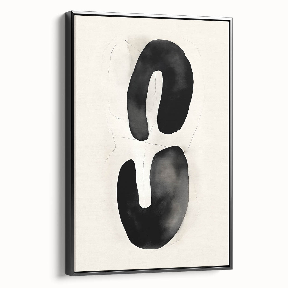 Framed abstract minimalist wall art showcasing a sleek black design, displayed in a side view to highlight its modern aesthetic and elegant finish, perfect for contemporary decor.