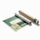 Abstract minimalist wall art print showcasing soft pastel colors and geometric shapes, elegantly rolled and packaged in a protective cardboard tube for easy display.