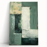 Abstract minimalist wall art canvas featuring soft pastel colors and geometric shapes, elegantly leaning against a neutral wall, perfect for modern home decor.