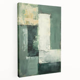 Abstract minimalist wall art on stretched canvas, showcasing a blend of soft pastel colors and geometric shapes, presented in a side view to highlight depth and texture. Perfect for modern home decor.