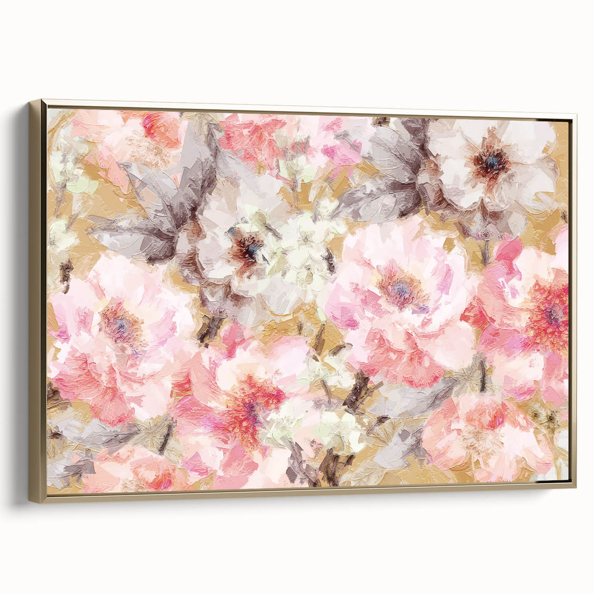 Golden Bloom Elegance - Modern Floral Living Room Canvas Art