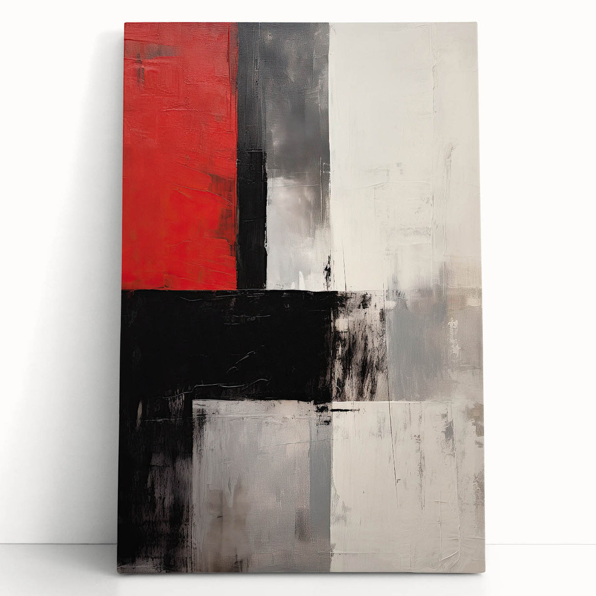 Abstract minimalist wall art on stretched canvas, featuring soft pastel colors and geometric shapes, leaning against a white wall, ideal for modern decor.