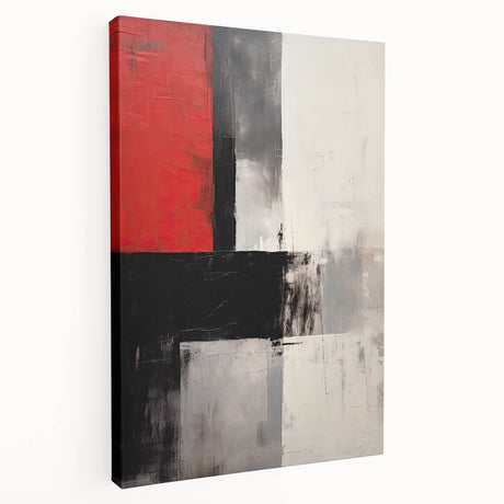 Abstract minimalist wall art canvas with soft beige and gray tones, showcasing a geometric design that adds a modern touch to any decor, viewed from the side.