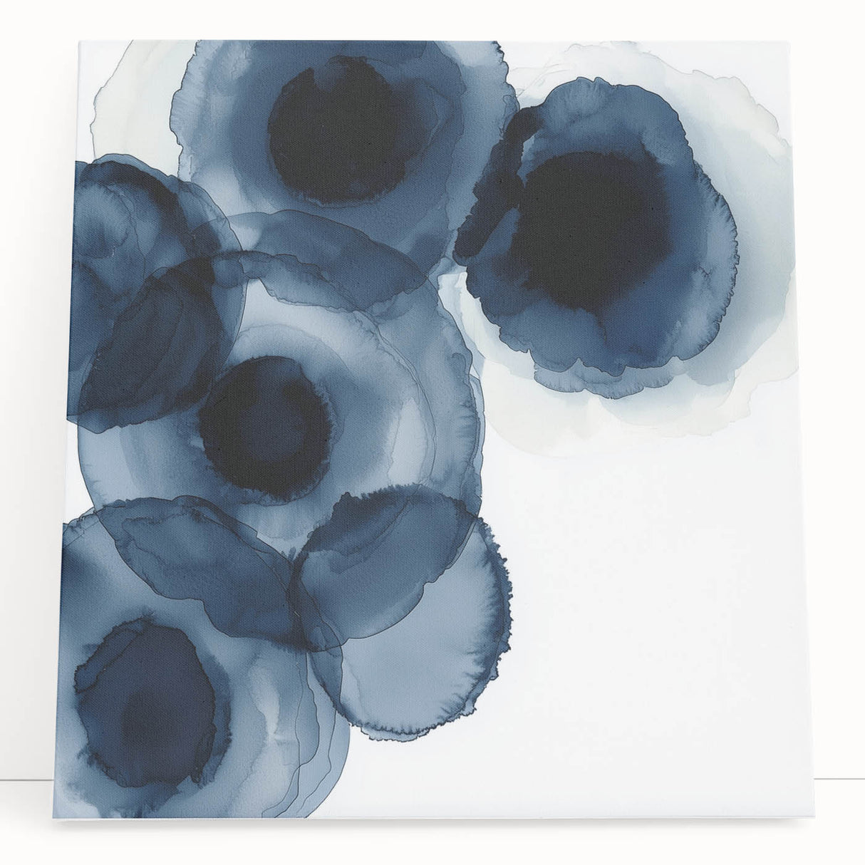 Contemporary Abstract Canvas – Fluid Navy Blue Ink Bloom Artwork