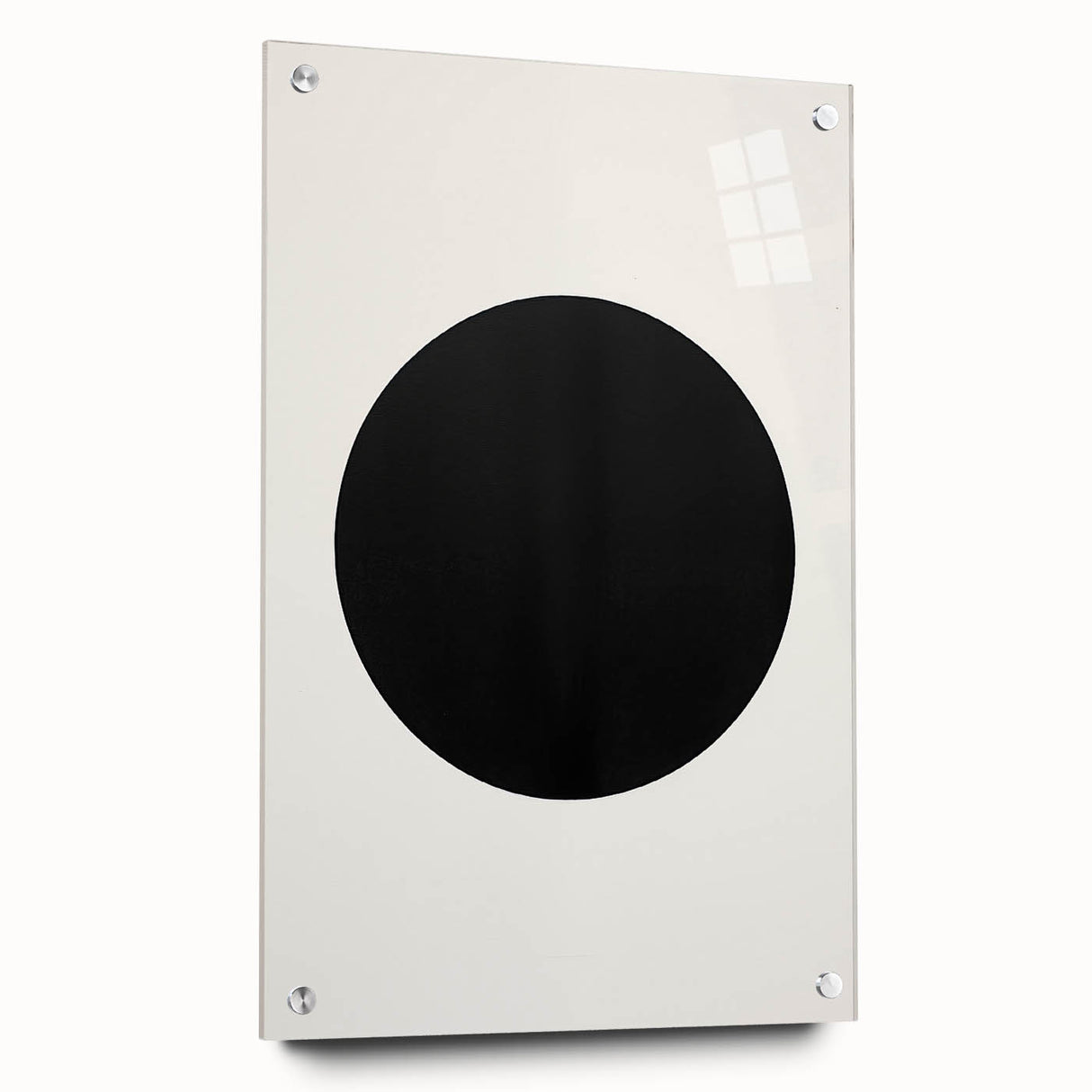 Abstract minimalist wall art displayed in a side view, showcasing vibrant colors and geometric shapes, mounted with pins on an elegant acrylic glass surface.