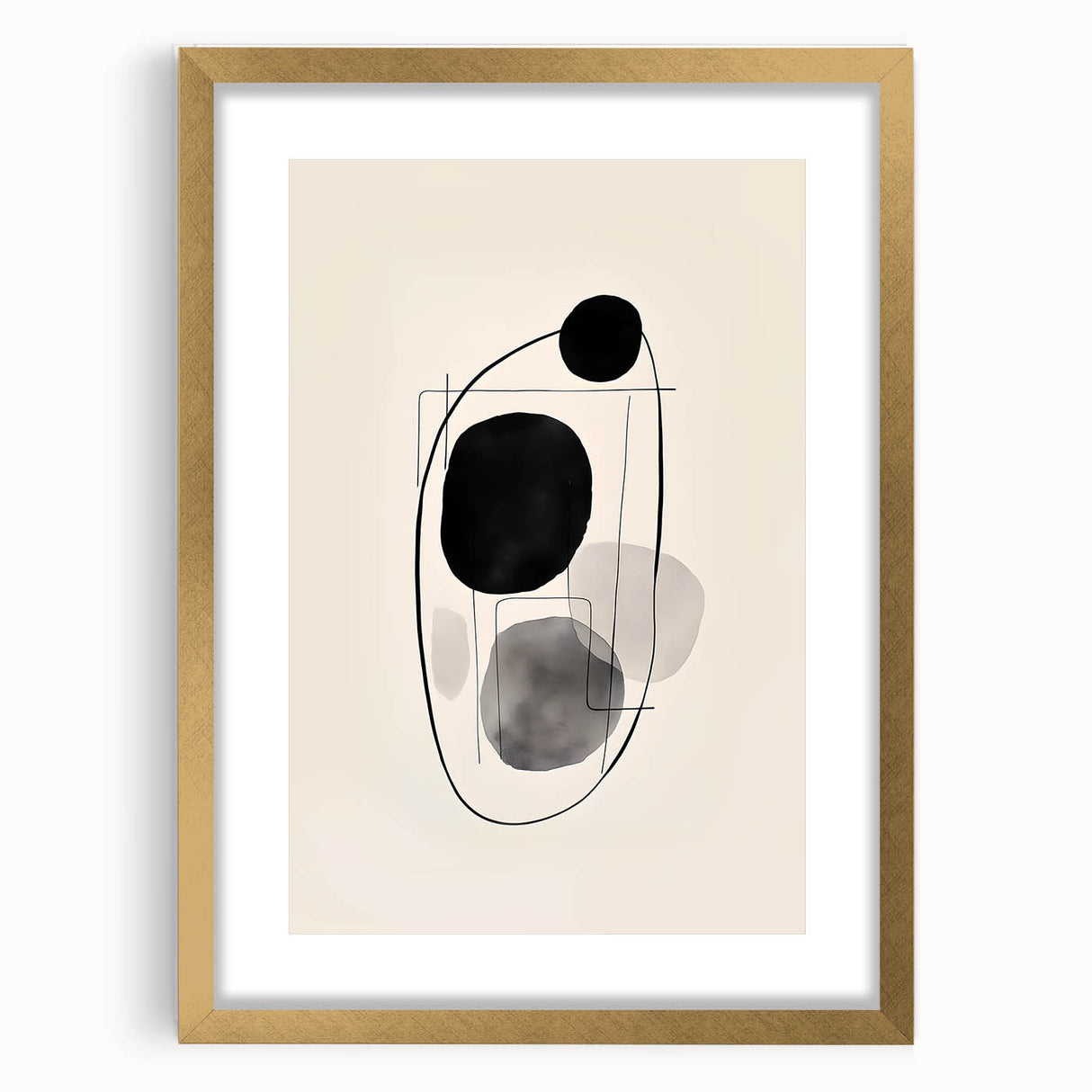 Abstract minimalist wall art featuring geometric shapes in soft gold tones, elegantly framed with a mat, perfect for modern home decor.