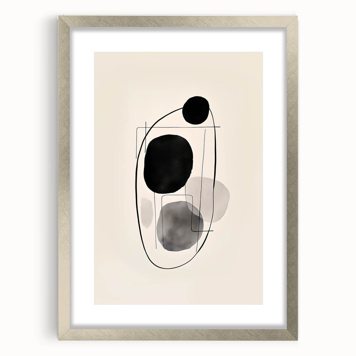 Abstract minimalist wall art framed in silver with a mat, showcasing geometric shapes in muted colors, perfect for modern interior decor.