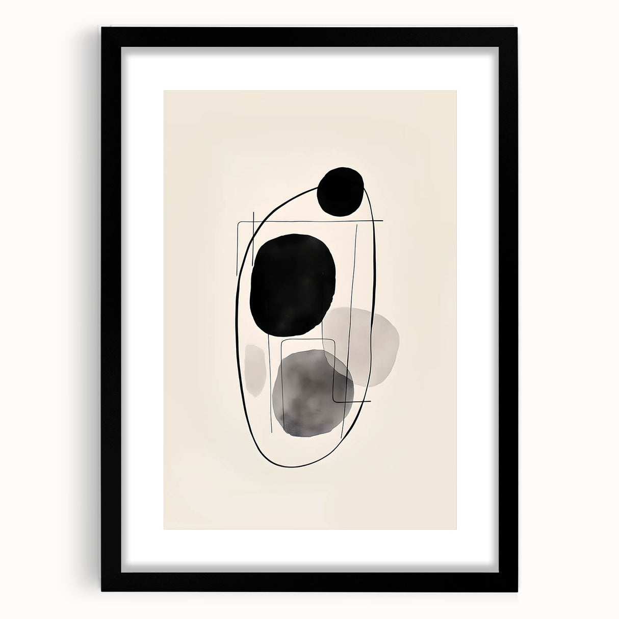 Abstract minimalist wall art featuring soft beige and gray tones, elegantly framed with a white mat. Ideal for modern home décor, enhancing any living space with its subtle sophistication.