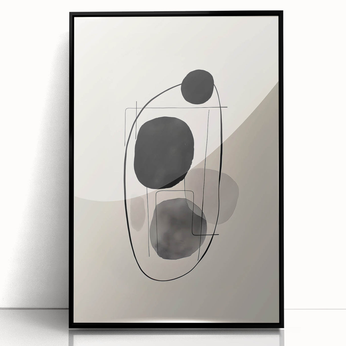 Framed black minimalist wall art featuring abstract design with clean lines and bold shapes, set against a neutral background, perfect for modern decor.