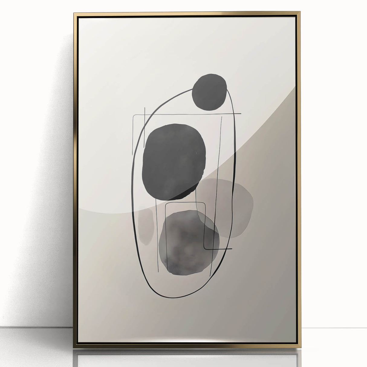 Framed abstract minimalist wall art featuring a gold-acrylic design, showcasing elegant geometric shapes against a neutral background, ideal for modern décor.