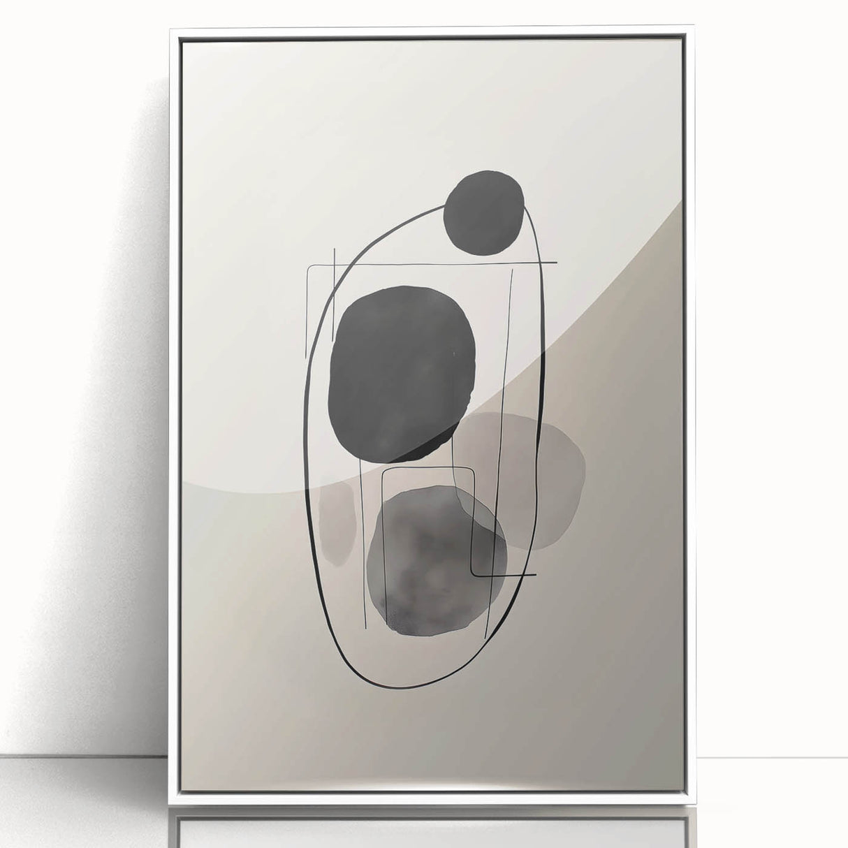Framed abstract minimalist wall art in a white acrylic frame, showcasing a contemporary design with soft color gradients and geometric shapes, ideal for modern home decor.