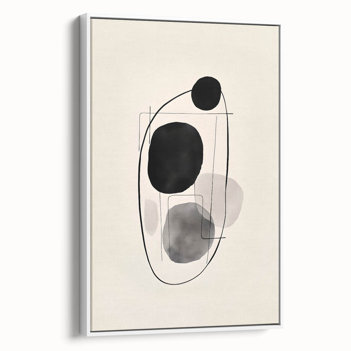 Framed abstract minimalist wall art in a modern white frame, showcasing soft pastel colors and geometric shapes, perfect for contemporary home decor.