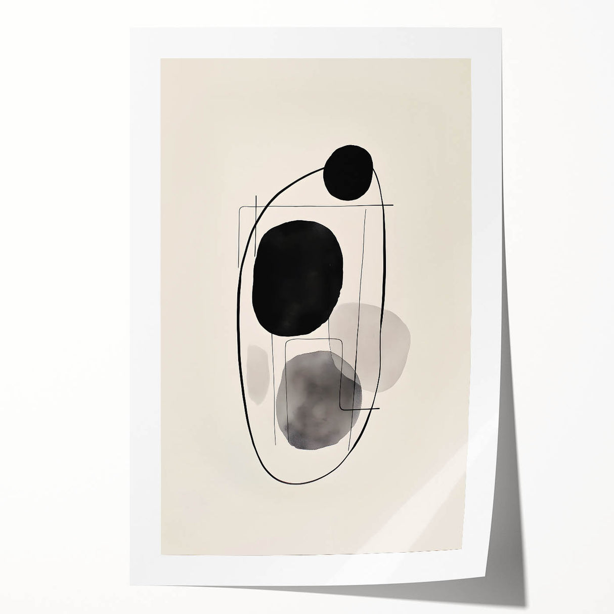 Abstract minimalist wall art print showcasing soft pastel colors and geometric shapes, rolled for easy shipping, ideal for contemporary home décor.