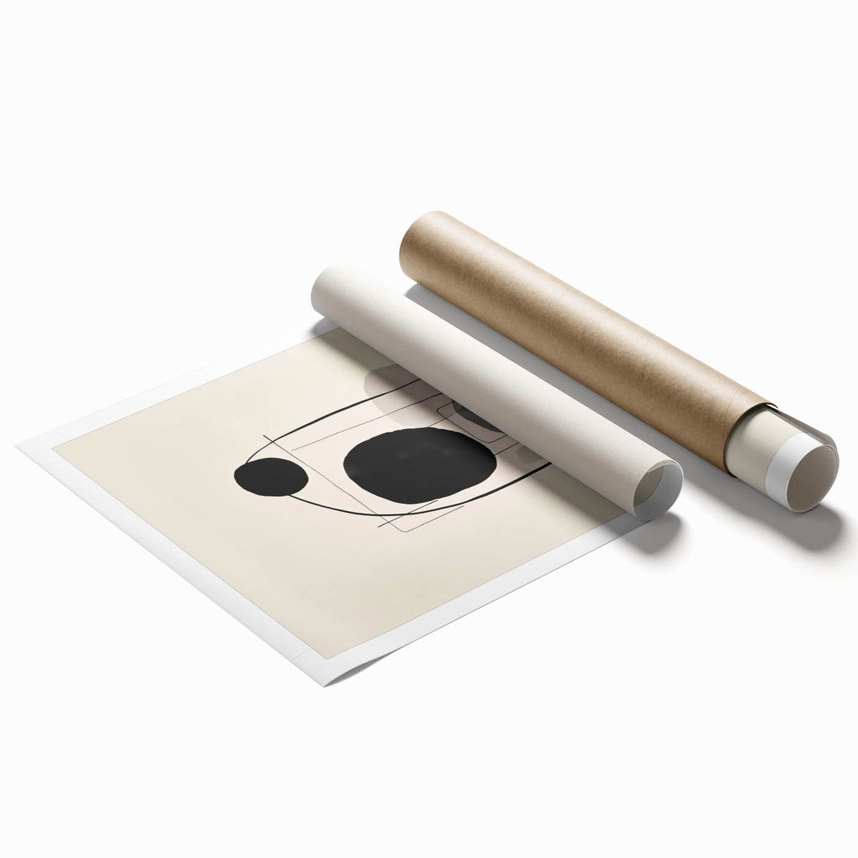 Abstract minimalist wall art print showcasing soft pastel colors and geometric shapes, rolled and packaged in a protective cardboard tube, ideal for home decor.