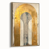 Abstract minimalist wall art in a sleek gold frame, showcasing a contemporary design with soft hues and geometric patterns, ideal for modern home decor.