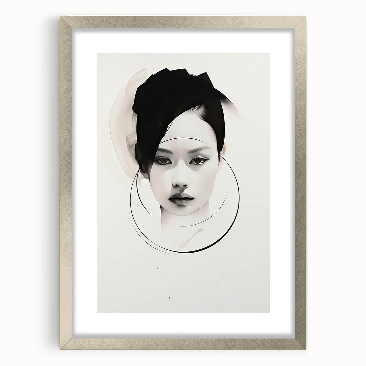 Abstract minimalist wall art framed with a sleek silver mat, showcasing geometric patterns and neutral tones, ideal for modern home decor.