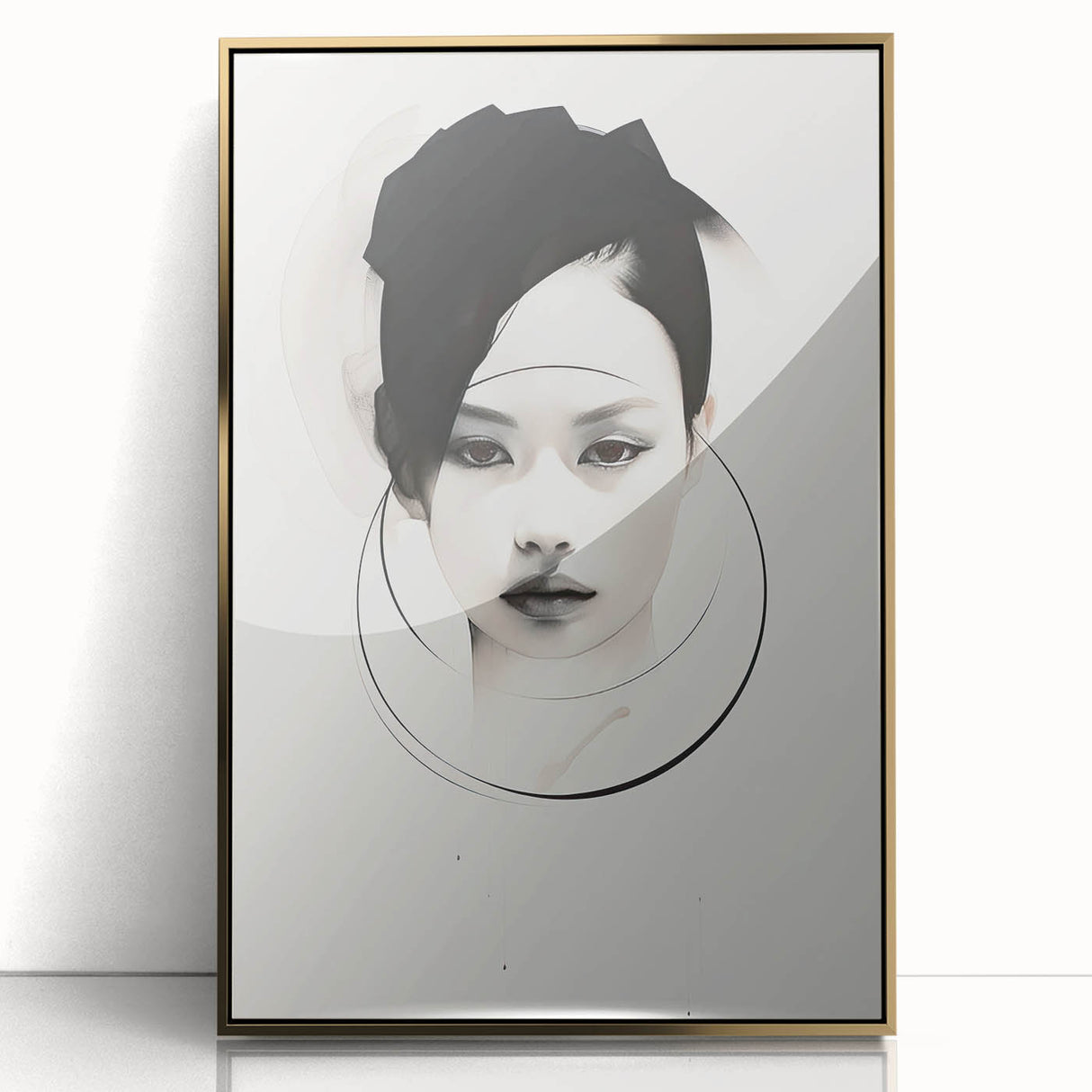 Framed abstract minimalist wall art featuring a gold acrylic design, showcasing elegant lines and shapes, perfect for modern home decor.