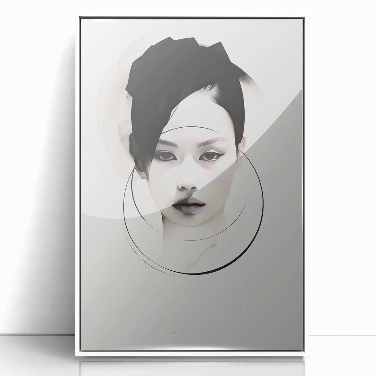 Framed minimalist wall art featuring an abstract design with soft white and gray tones, displayed from the front within a sleek acrylic frame, ideal for modern decor.