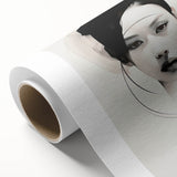 Abstract minimalist wall art on rolled canvas showcasing soft blue and white hues, elegantly packaged in a protective cardboard tube for easy display.