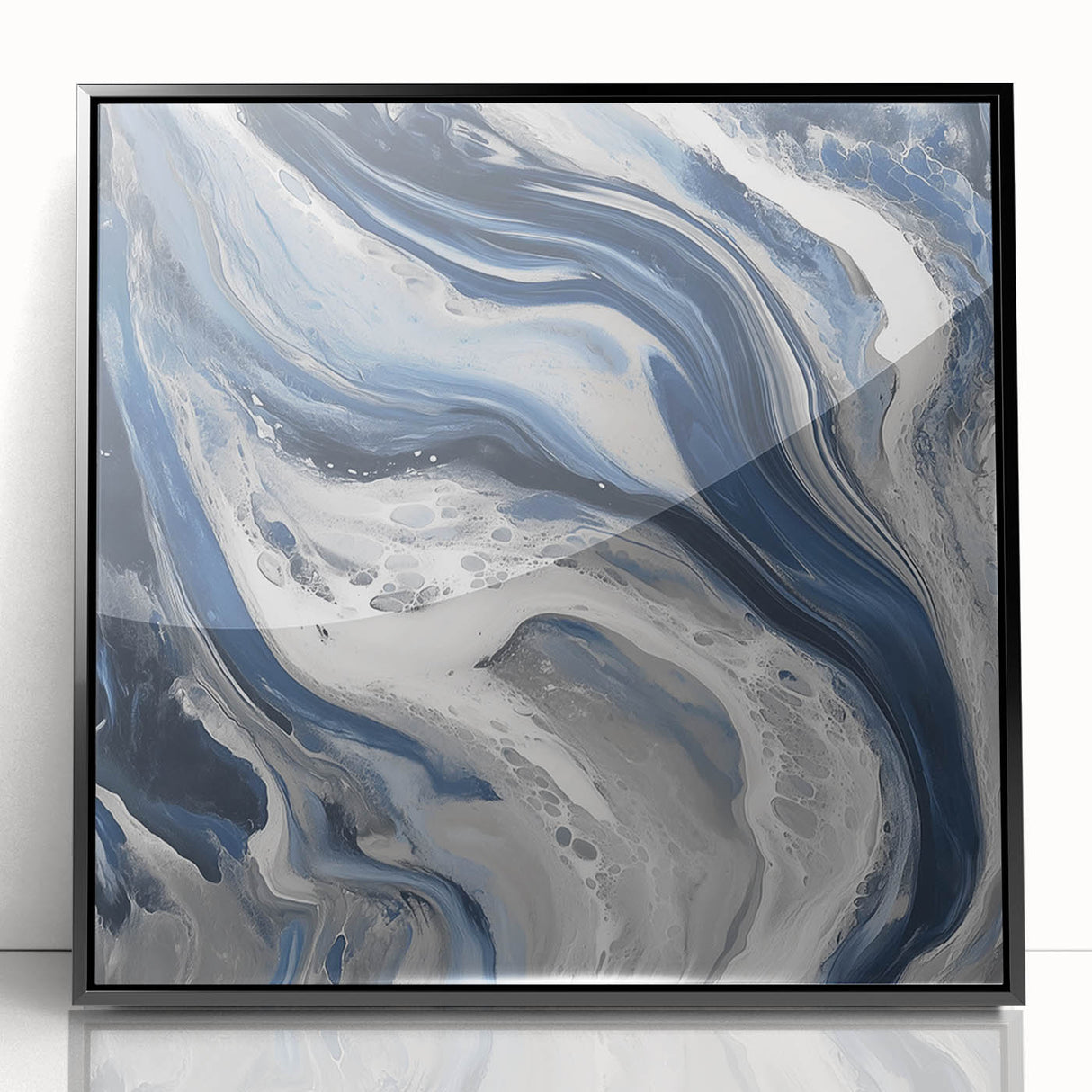 Modern Abstract Wall Art – Navy and Gray Fluid Acrylic Canvas