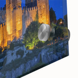 Close-up of a vibrant acrylic landscape painting showcasing a majestic castle surrounded by lush greenery, emphasizing rich colors and intricate details, perfect for home decor.