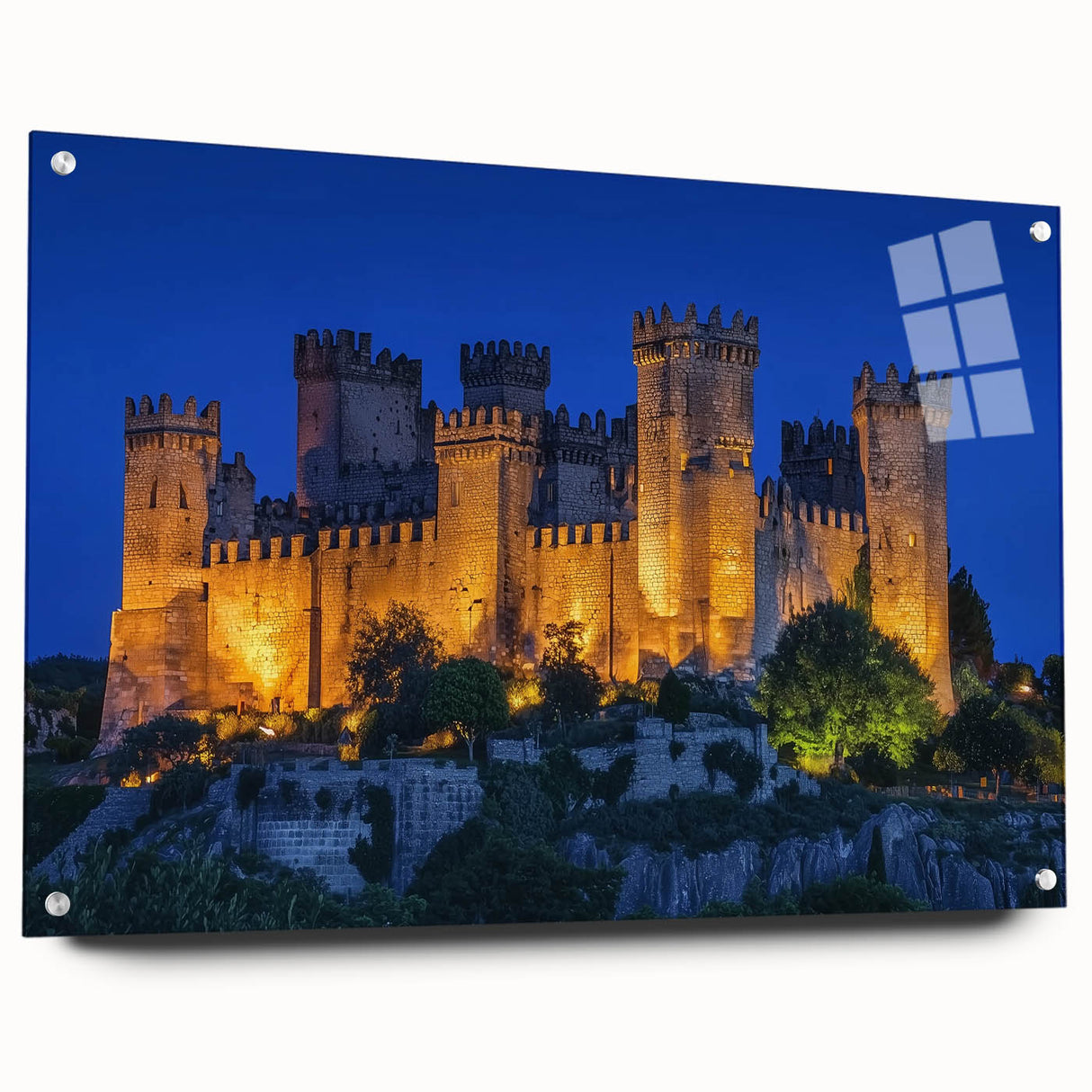 Acrylic landscape artwork depicting a majestic castle viewed from the side, elegantly displayed with decorative pins, showcasing vibrant colors and intricate details.