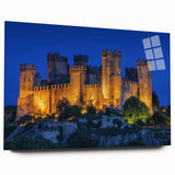 Acrylic glass landscape artwork showcasing a majestic castle surrounded by serene nature, presented in a side view without pins, ideal for home decor.