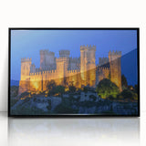 Framed acrylic print showcasing a majestic castle landscape with vibrant colors and intricate details, presented in a sleek black frame for an elegant touch. Perfect for enhancing home decor with a touch of royalty.