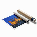 Stunning rolled print depicting a vibrant landscape featuring majestic castles under a clear blue sky, showcasing intricate details and rich colors, perfect for home decor.