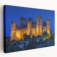 Stretched canvas artwork depicting a scenic landscape with a majestic castle, showcasing vibrant colors and intricate details, perfect for home decor.