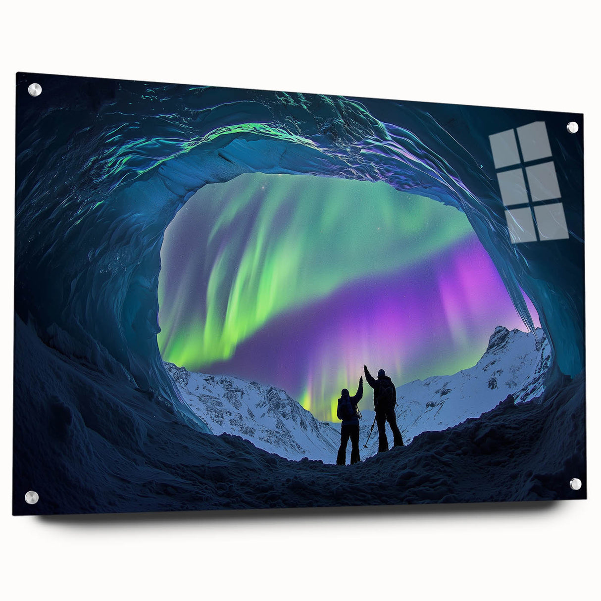 Acrylic glass landscape art depicting vibrant cave formations with intricate details, presented in a side view showcasing depth and color, ideal for modern decor.