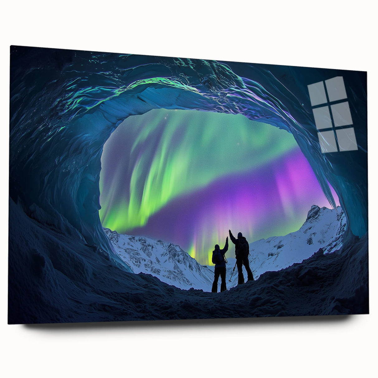 Acrylic glass artwork depicting a vibrant landscape scene with caves, viewed from the side, showcasing rich colors and intricate details, perfect for modern decor.