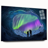 Acrylic glass artwork depicting a vibrant landscape scene with caves, viewed from the side, showcasing rich colors and intricate details, perfect for modern decor.