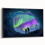 Framed canvas artwork depicting a scenic landscape with caves, showcasing black and earthy tones, ideal for modern home decor or office settings.